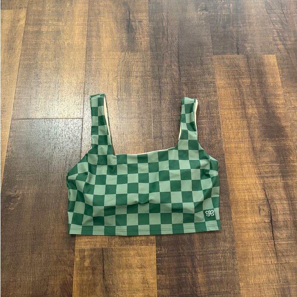 Albion Fit Green Checkered Bikini Swim Top Size S